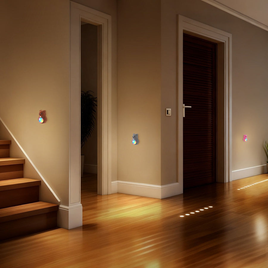 Cartoon Bear Motion Sensor Night Light, Rechargeable Magnetic Wall Lamp with Soft Plush Surface, Warm White and Rainbow Gradient Glow, Adorable Bear Shape for Nursery, Hallway, Stairs, Bedroom and Kitchen (3PCS, Brown)