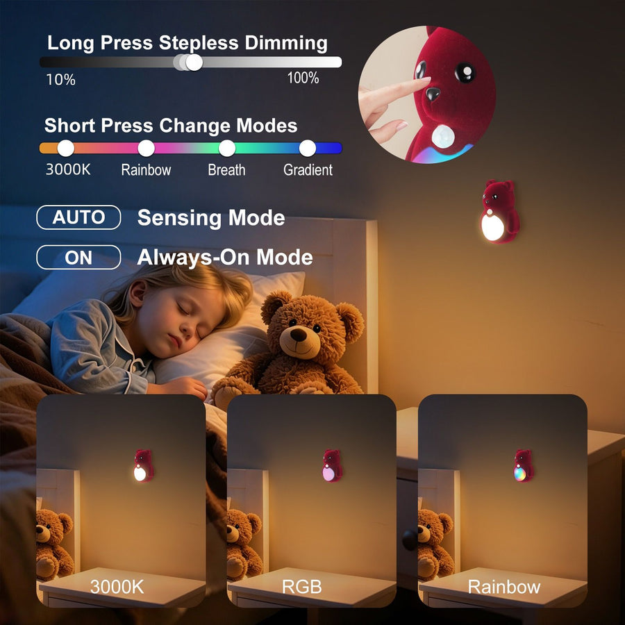 Cartoon Bear Motion Sensor Night Light, Rechargeable Magnetic Wall Lamp with Soft Plush Surface, Warm White and Rainbow Gradient Glow, Adorable Bear Shape for Nursery, Hallway, Stairs, Bedroom and Kitchen (3PCS, Grey)