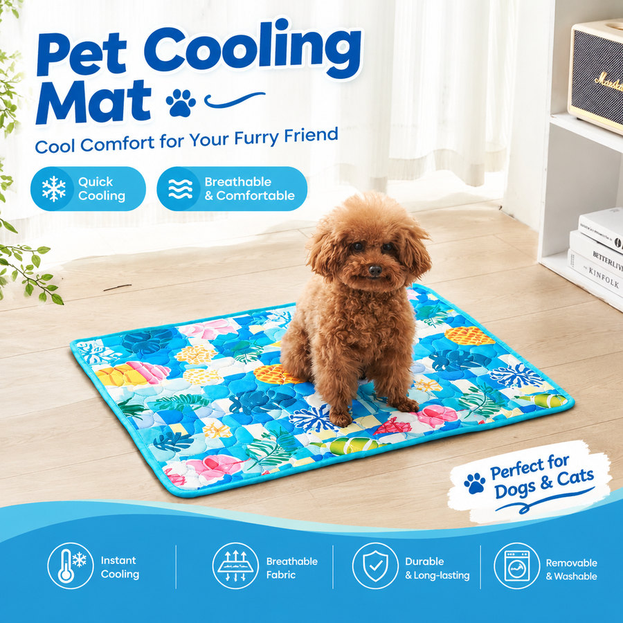 Cooling Pet Mat for Dogs and Cats, Breathable Ice Silk Summer Bed Pad with Non-Slip Base, Washable Comfortable Resting Cushion for Indoor Floors Sofas and Pet Crates (Blue Tropical Style, M)