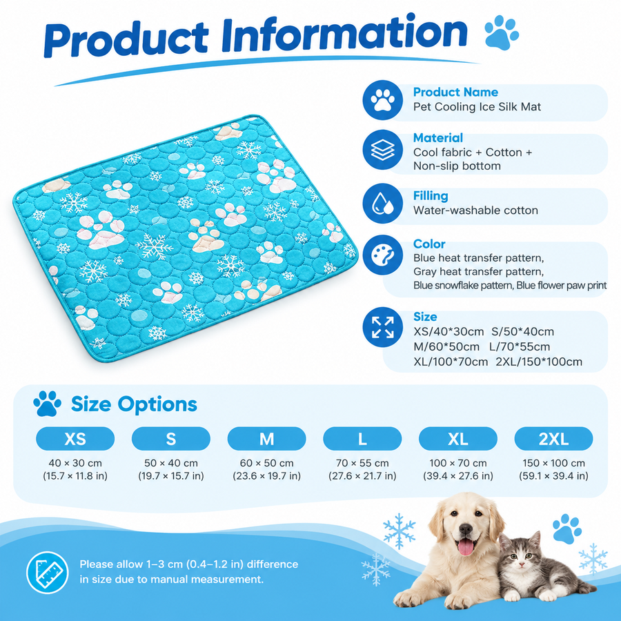 Cooling Pet Mat for Dogs and Cats, Breathable Ice Silk Summer Bed Pad with Non-Slip Base, Washable Comfortable Resting Cushion for Indoor Floors Sofas and Pet Crates (Blue Tropical Style, M)