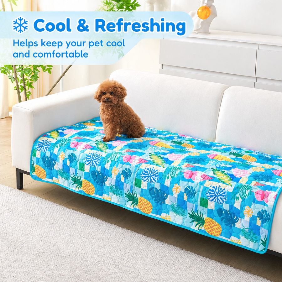 Cooling Pet Mat for Dogs and Cats, Breathable Ice Silk Summer Bed Pad with Non-Slip Base, Washable Comfortable Resting Cushion for Indoor Floors Sofas and Pet Crates (Blue Tropical Style, M)