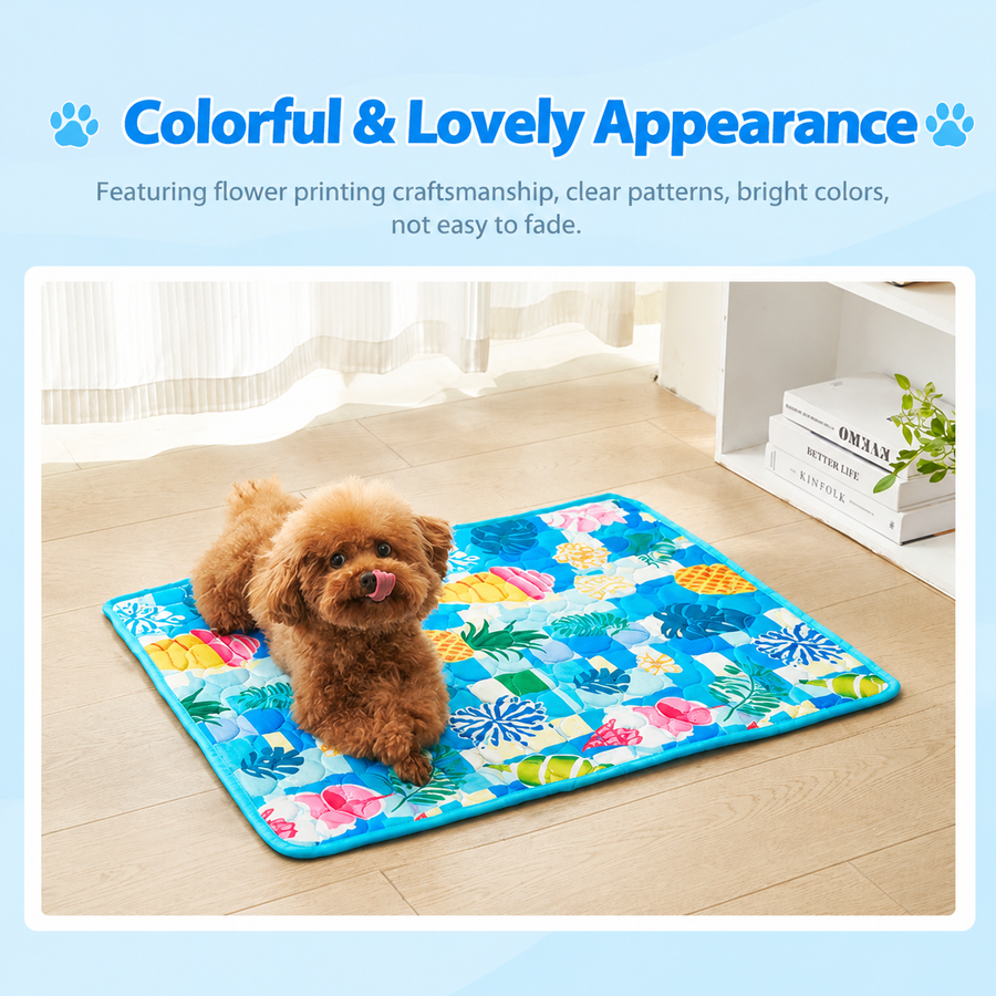Cooling Pet Mat for Dogs and Cats, Breathable Ice Silk Summer Bed Pad with Non-Slip Base, Washable Comfortable Resting Cushion for Indoor Floors Sofas and Pet Crates (Blue Tropical Style, M)