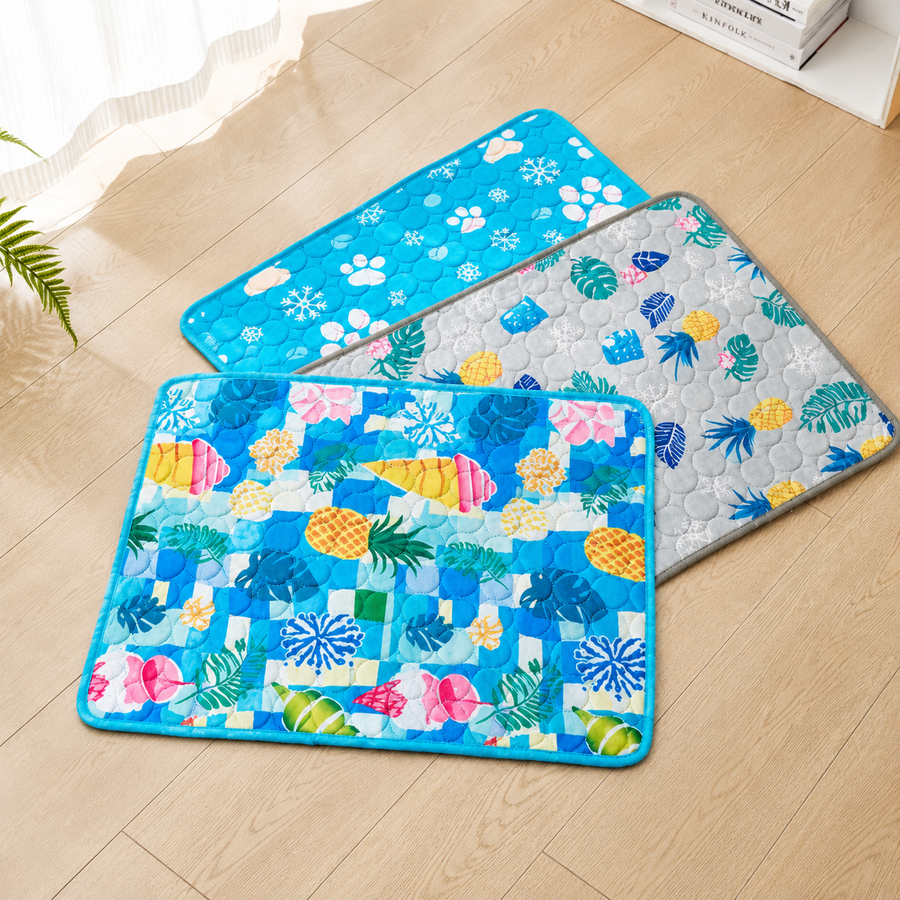 Cooling Pet Mat for Dogs and Cats, Breathable Ice Silk Summer Bed Pad with Non-Slip Base, Washable Comfortable Resting Cushion for Indoor Floors Sofas and Pet Crates (Blue Tropical Style, M)