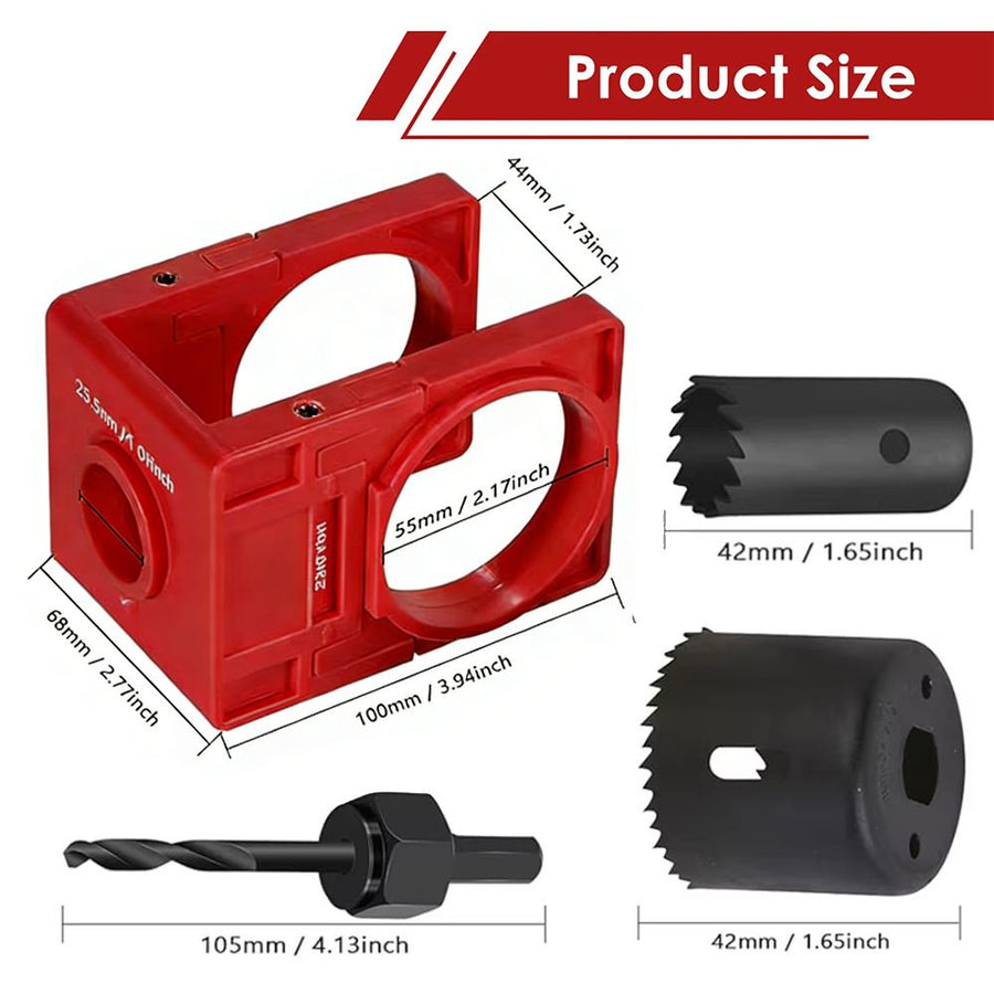 9-Piece Hinge and Door Lock Installation Kit with Adjustable Locator Template, Hole Saws and Drill Bits for Wooden Doors, Home Improvement and Carpentry Hardware Fitting (Red)
