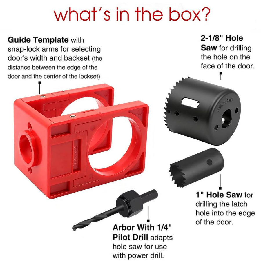9-Piece Hinge and Door Lock Installation Kit with Adjustable Locator Template, Hole Saws and Drill Bits for Wooden Doors, Home Improvement and Carpentry Hardware Fitting (Red)