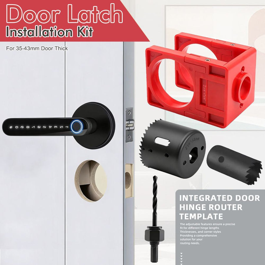 9-Piece Hinge and Door Lock Installation Kit with Adjustable Locator Template, Hole Saws and Drill Bits for Wooden Doors, Home Improvement and Carpentry Hardware Fitting (Red)