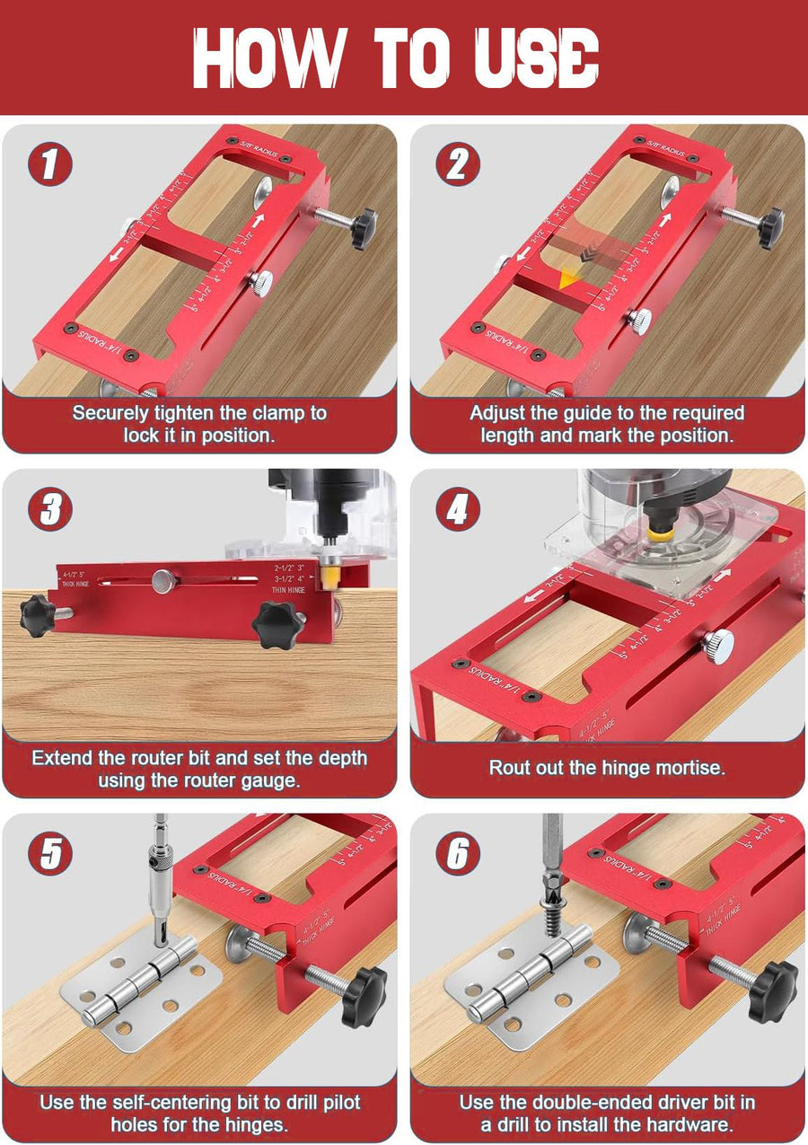 9-Piece Hinge and Door Lock Installation Kit with Adjustable Locator Template, Hole Saws and Drill Bits for Wooden Doors, Home Improvement and Carpentry Hardware Fitting (Red)