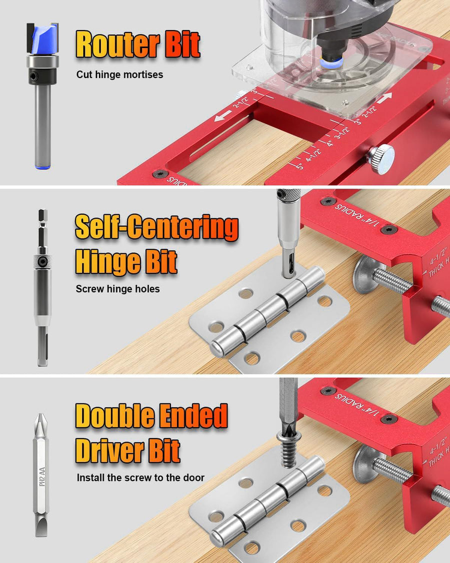 9-Piece Hinge and Door Lock Installation Kit with Adjustable Locator Template, Hole Saws and Drill Bits for Wooden Doors, Home Improvement and Carpentry Hardware Fitting (Red)