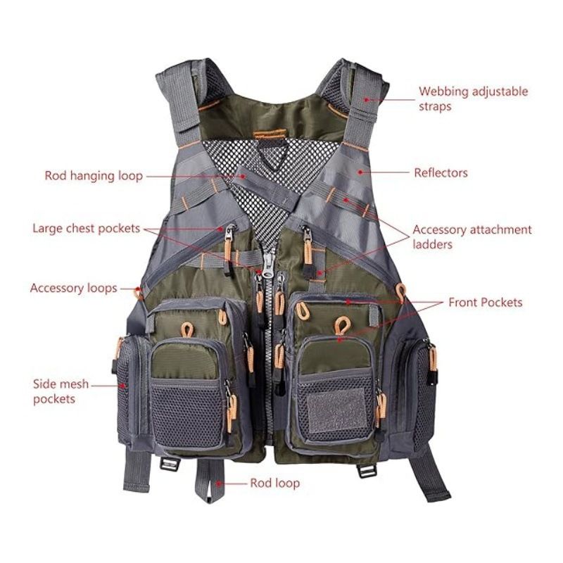 Multi-Pocket Outdoor Fishing Vest with Breathable Mesh and Adjustable Fit for Angling, Photography, and Short-Distance Exploration (Grey)