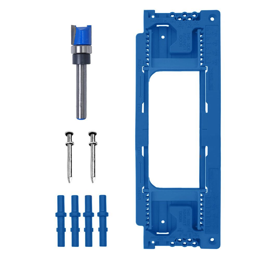 Adjustable Door Hinge Routing Template Jig Kit with Alloy Trimming Bit and Locating Pins for Woodworking Door Frame Mortise Installation (Black+ Gloves Set)