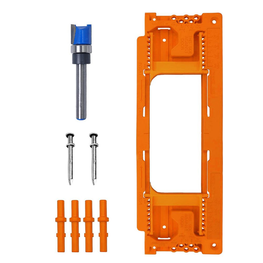 Adjustable Door Hinge Routing Template Jig Kit with Alloy Trimming Bit and Locating Pins for Woodworking Door Frame Mortise Installation (Black+ Gloves Set)
