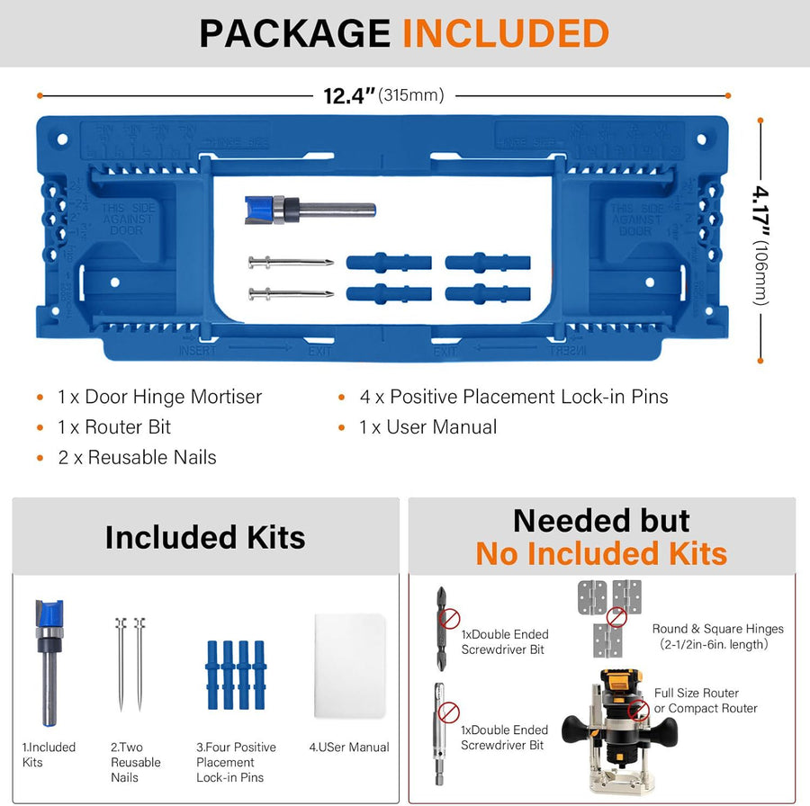 Adjustable Door Hinge Routing Template Jig Kit with Alloy Trimming Bit and Locating Pins for Woodworking Door Frame Mortise Installation (Blue)
