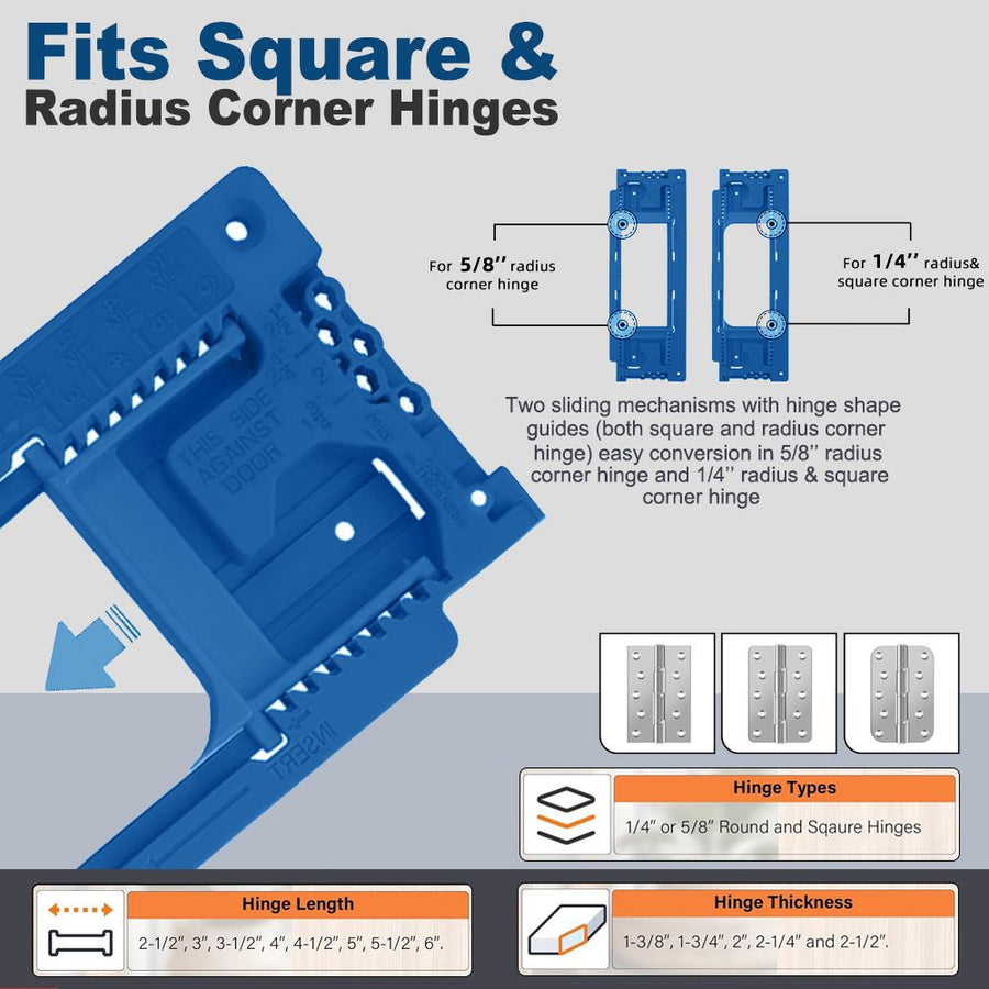 Adjustable Door Hinge Routing Template Jig Kit with Alloy Trimming Bit and Locating Pins for Woodworking Door Frame Mortise Installation (Blue)