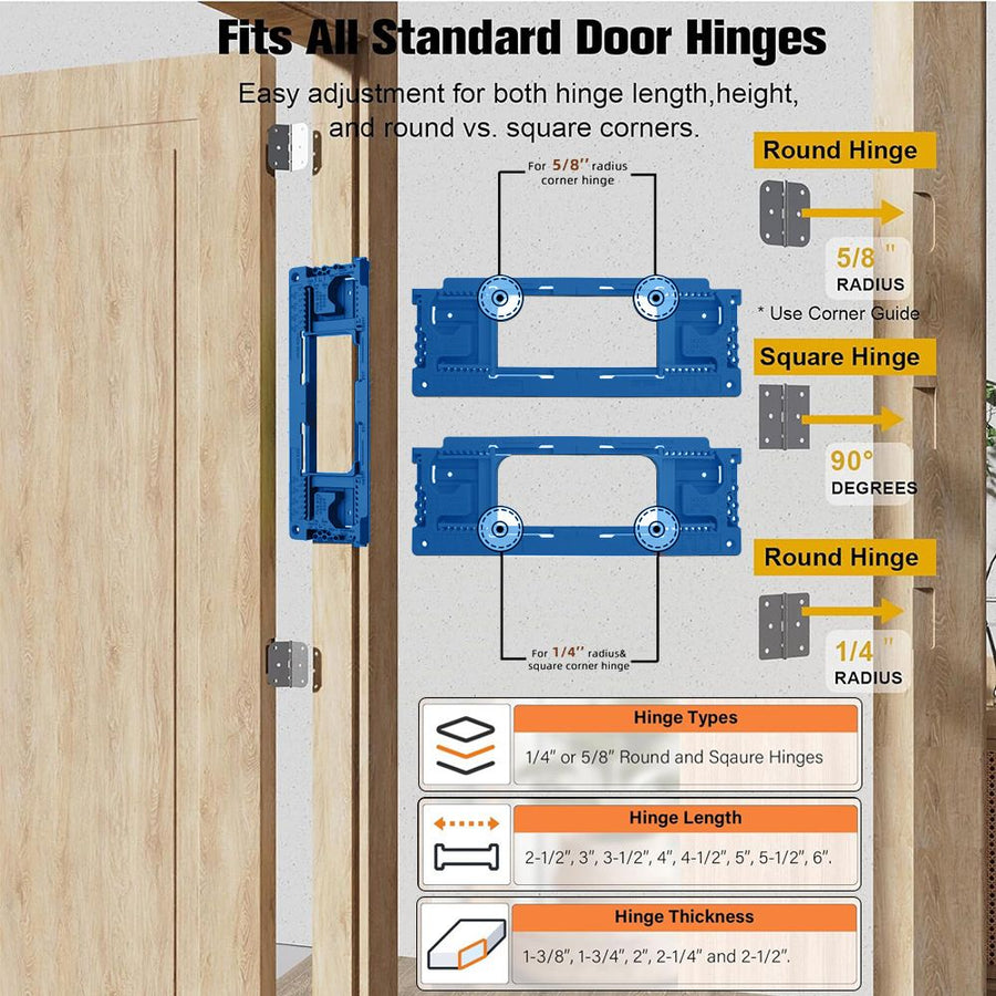 Adjustable Door Hinge Routing Template Jig Kit with Alloy Trimming Bit and Locating Pins for Woodworking Door Frame Mortise Installation (Blue)