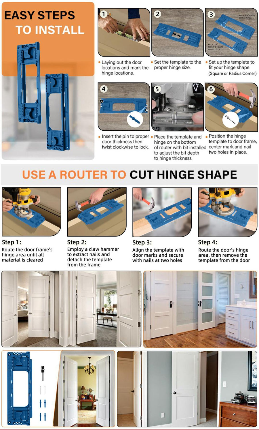 Adjustable Door Hinge Routing Template Jig Kit with Alloy Trimming Bit and Locating Pins for Woodworking Door Frame Mortise Installation (Red)