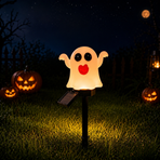 Halloween Solar Pathway Lights Set, 3 Spooky Designs Including Pumpkin with Witch Hat, Cute Ghost, and Faux Campfire, Warm Glow, Auto On/Off, Waterproof Solar Stake Lights for Outdoor Garden Yard Path Decor (Ghost, 1PCS)