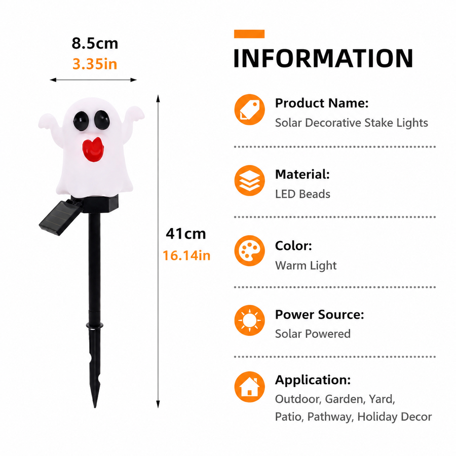 Halloween Solar Pathway Lights Set, 3 Spooky Designs Including Pumpkin with Witch Hat, Cute Ghost, and Faux Campfire, Warm Glow, Auto On/Off, Waterproof Solar Stake Lights for Outdoor Garden Yard Path Decor (Ghost, 1PCS)