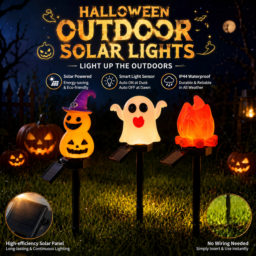 Halloween Solar Pathway Lights Set, 3 Spooky Designs Including Pumpkin with Witch Hat, Cute Ghost, and Faux Campfire, Warm Glow, Auto On/Off, Waterproof Solar Stake Lights for Outdoor Garden Yard Path Decor (Ghost, 1PCS)