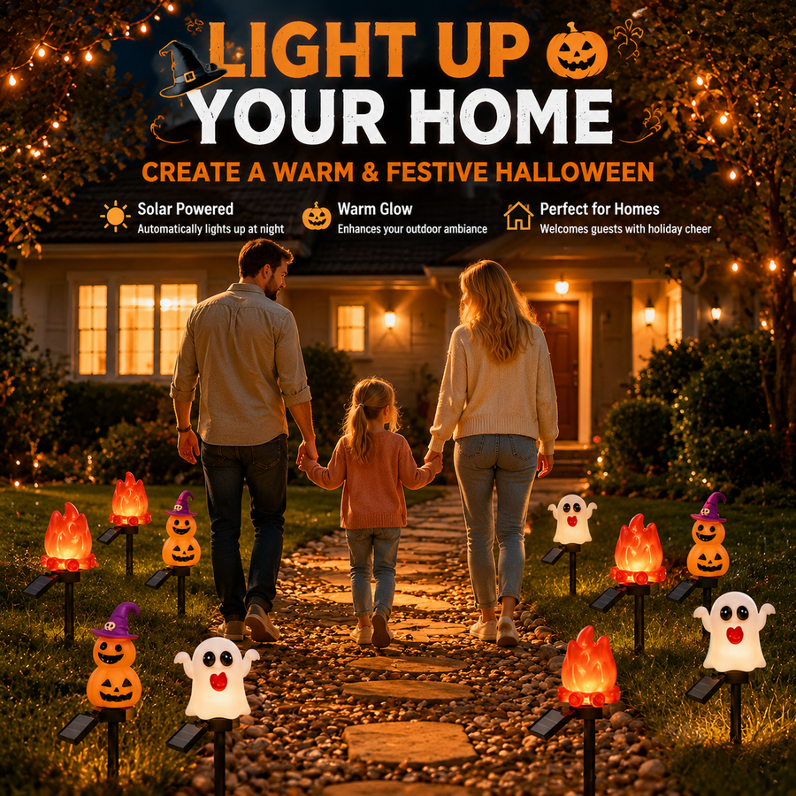 Halloween Solar Pathway Lights Set, 3 Spooky Designs Including Pumpkin with Witch Hat, Cute Ghost, and Faux Campfire, Warm Glow, Auto On/Off, Waterproof Solar Stake Lights for Outdoor Garden Yard Path Decor (Ghost, 1PCS)
