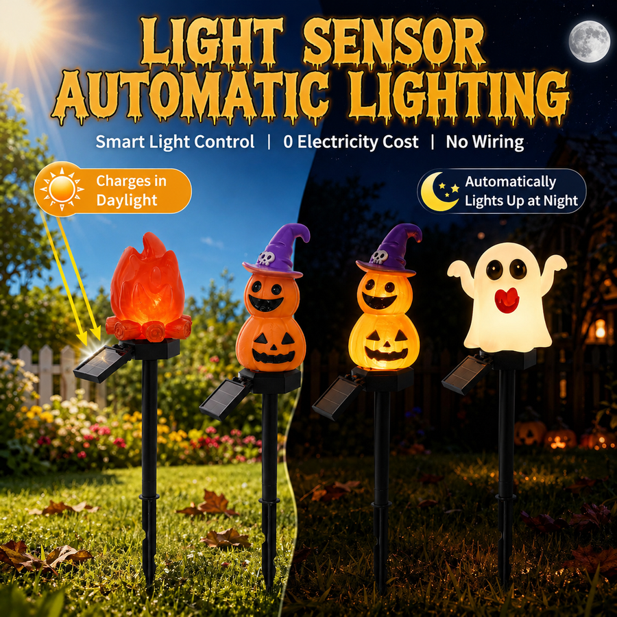 Halloween Solar Pathway Lights Set, 3 Spooky Designs Including Pumpkin with Witch Hat, Cute Ghost, and Faux Campfire, Warm Glow, Auto On/Off, Waterproof Solar Stake Lights for Outdoor Garden Yard Path Decor (Ghost, 1PCS)
