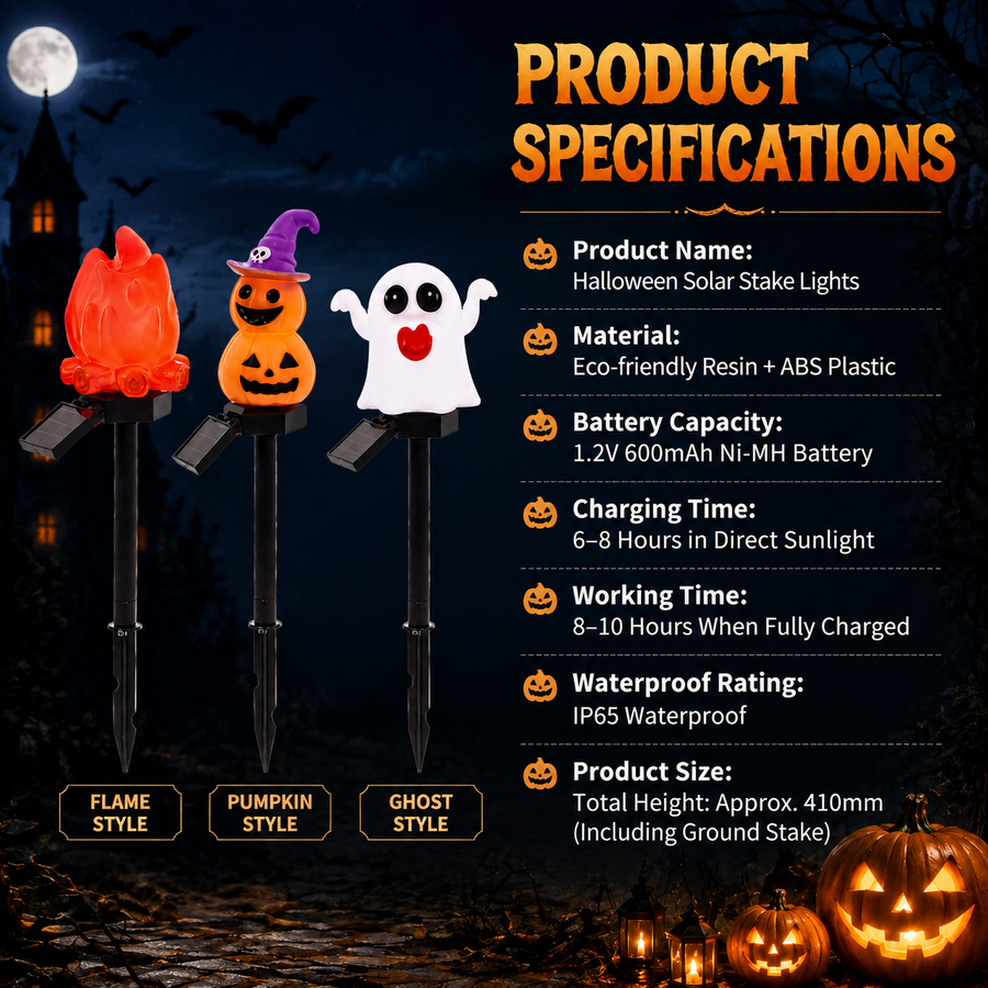Halloween Solar Pathway Lights Set, 3 Spooky Designs Including Pumpkin with Witch Hat, Cute Ghost, and Faux Campfire, Warm Glow, Auto On/Off, Waterproof Solar Stake Lights for Outdoor Garden Yard Path Decor (Ghost, 3PCS)
