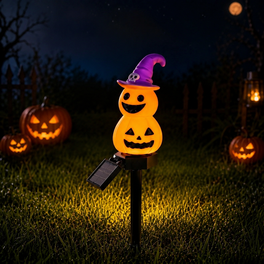 Halloween Solar Pathway Lights Set, 3 Spooky Designs Including Pumpkin with Witch Hat, Cute Ghost, and Faux Campfire, Warm Glow, Auto On/Off, Waterproof Solar Stake Lights for Outdoor Garden Yard Path Decor (Ghost, 3PCS)