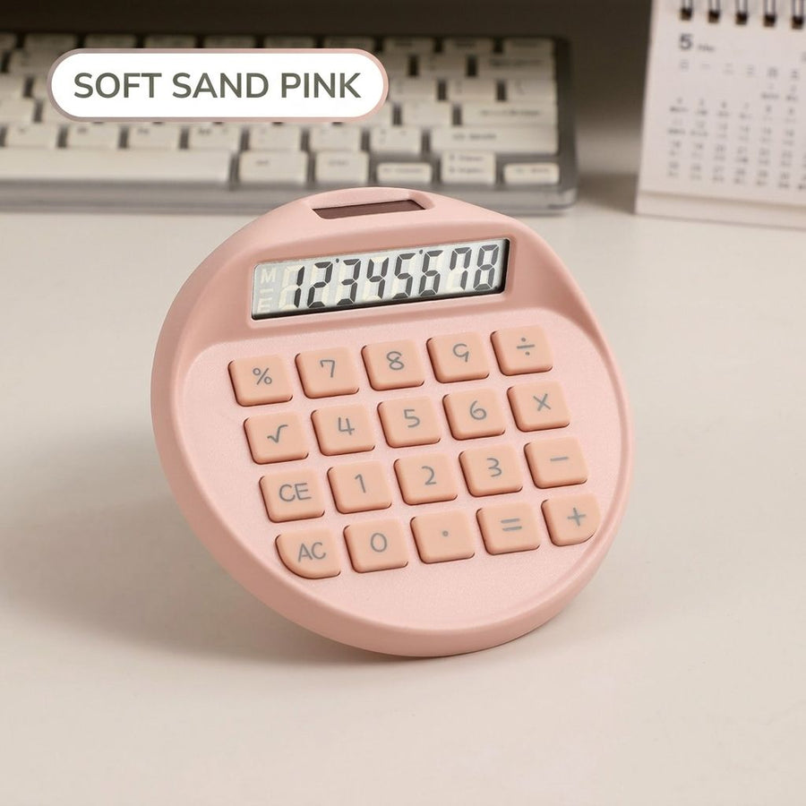 Portable Solar Powered Calculator with Silent Buttons Round Compact Design for Desktop Office School Daily Math Tasks and Cute Desk Accessories (Non-rhinestone Calculator)