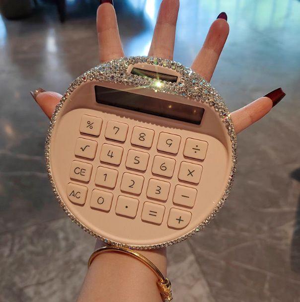 Portable Solar Powered Calculator with Silent Buttons Round Compact Design for Desktop Office School Daily Math Tasks and Cute Desk Accessories (Rhinestone Calculator)