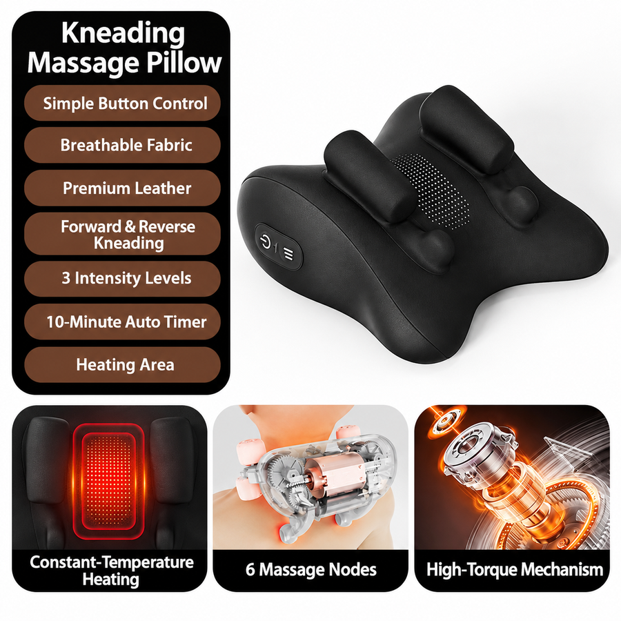 Wireless Neck Shoulder Massage Pillow with Heat, Ergonomic Shiatsu Kneading Cushion for Office Home Travel, Multi-Position Back Lumbar Leg Relaxation (Black)