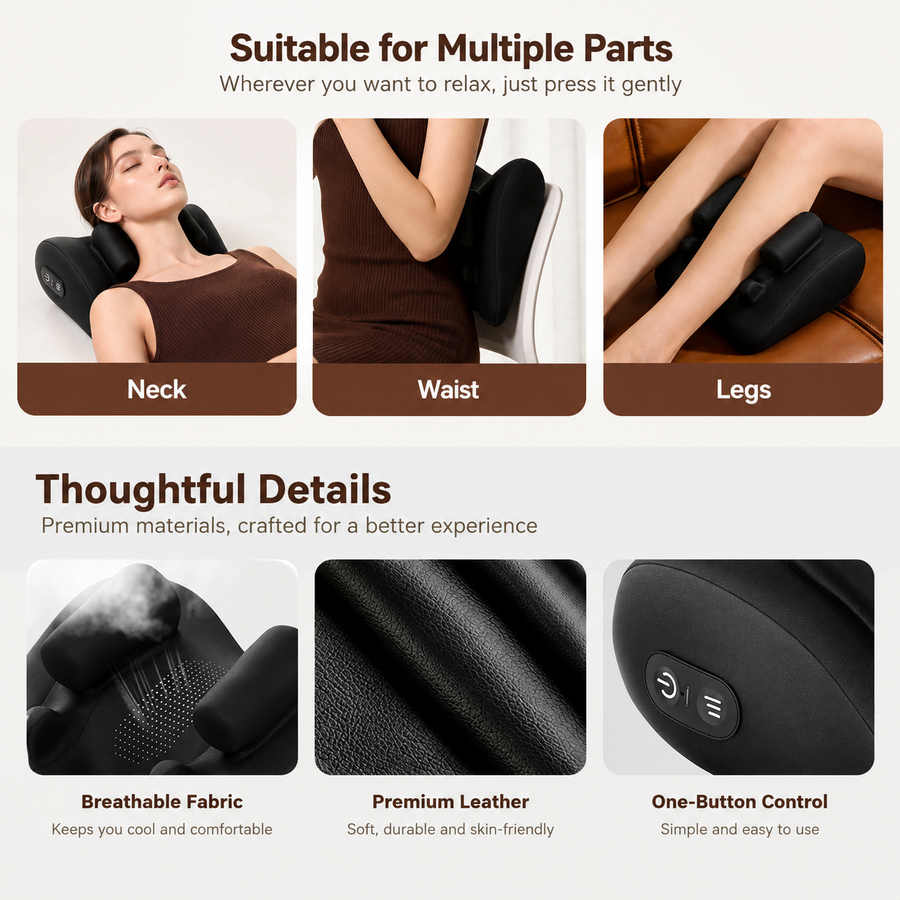 Wireless Neck Shoulder Massage Pillow with Heat, Ergonomic Shiatsu Kneading Cushion for Office Home Travel, Multi-Position Back Lumbar Leg Relaxation (Black)