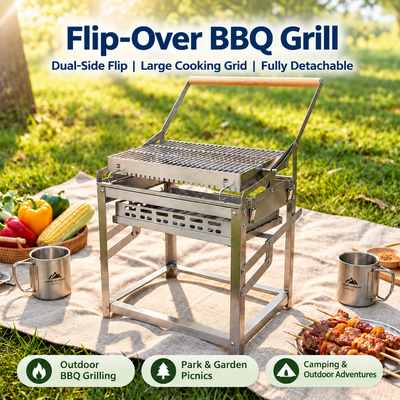 Portable Double-Sided Flip Charcoal Grill with 304 Stainless Steel Body and Wooden Handles for Outdoor Camping Picnics Park Parties and Garden Barbecues (B)