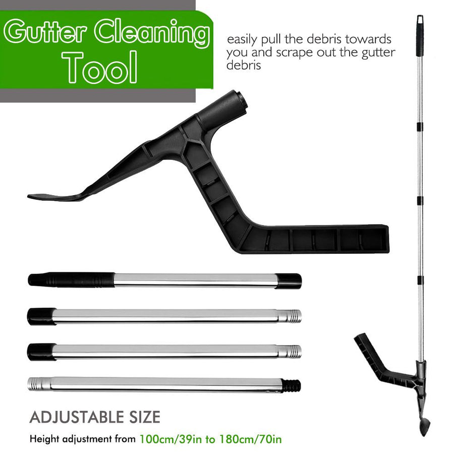 Extendable Gutter Cleaning Tool with L-Shaped Scoop Head and Hanging Hook for Removing Leaves and Debris from Roof Gutters While Standing Safely on Ladder or Roof (Silver)