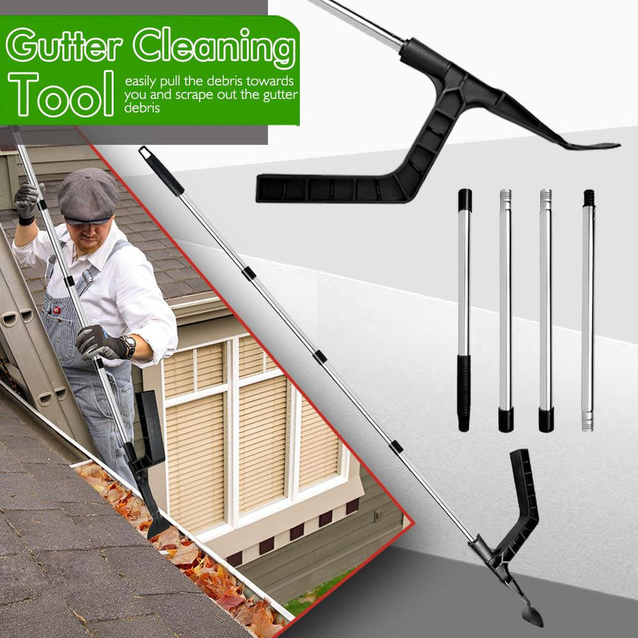 Extendable Gutter Cleaning Tool with L-Shaped Scoop Head and Hanging Hook for Removing Leaves and Debris from Roof Gutters While Standing Safely on Ladder or Roof (Silver)