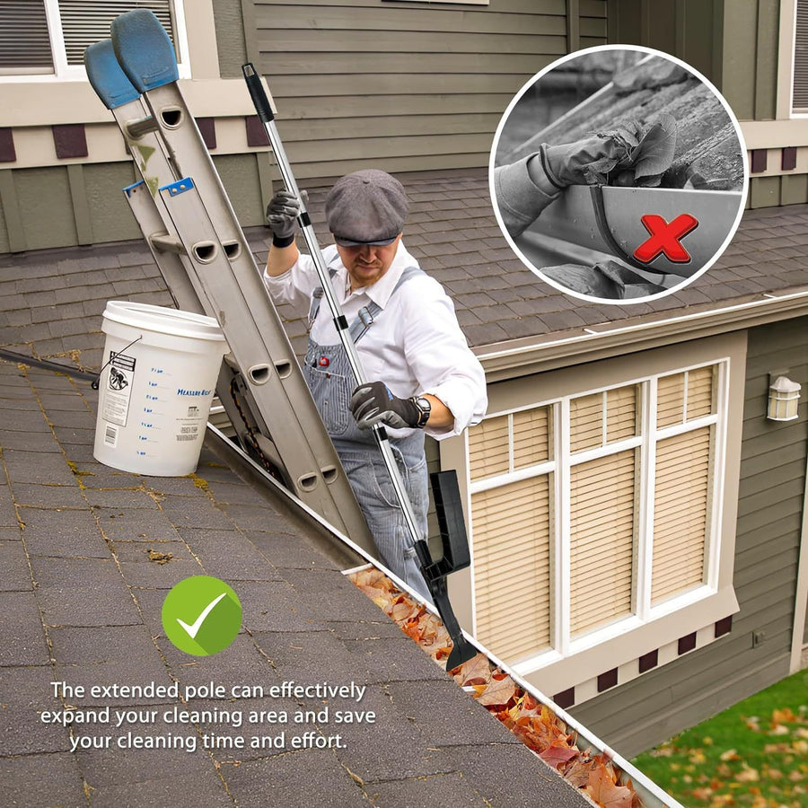 Extendable Gutter Cleaning Tool with L-Shaped Scoop Head and Hanging Hook for Removing Leaves and Debris from Roof Gutters While Standing Safely on Ladder or Roof (Silver)
