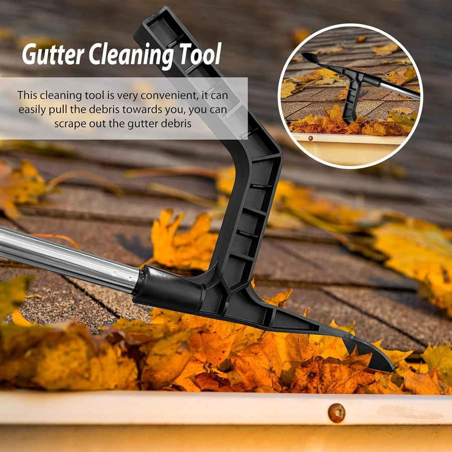 Extendable Gutter Cleaning Tool with L-Shaped Scoop Head and Hanging Hook for Removing Leaves and Debris from Roof Gutters While Standing Safely on Ladder or Roof (Silver)