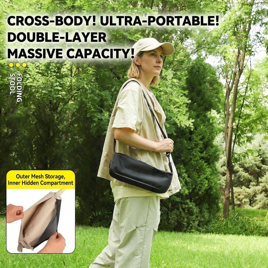 Ultra-Portable Folding Stool with Crossbody Storage Bag – Heavy-Duty Carbon Steel Frame, Oxford Fabric Seat, Side Mesh Pocket, Ideal for Camping, Commuting, Queueing, and On-the-Go Seating (M, Black)