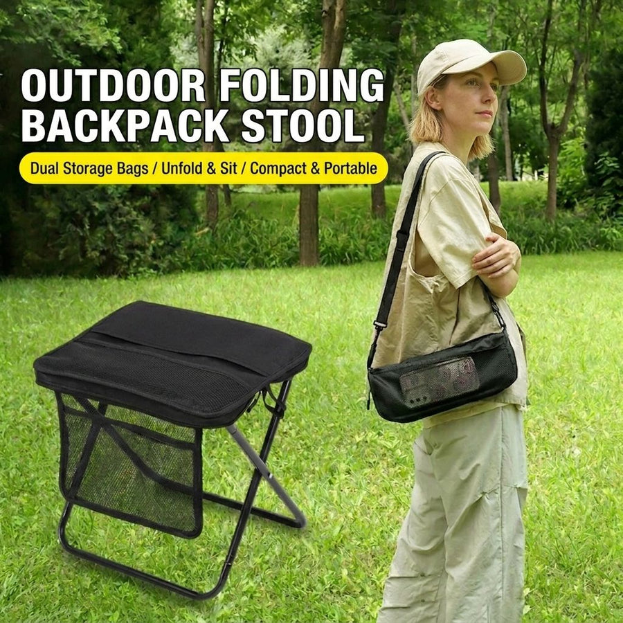 Ultra-Portable Folding Stool with Crossbody Storage Bag – Heavy-Duty Carbon Steel Frame, Oxford Fabric Seat, Side Mesh Pocket, Ideal for Camping, Commuting, Queueing, and On-the-Go Seating (S, Khaki)