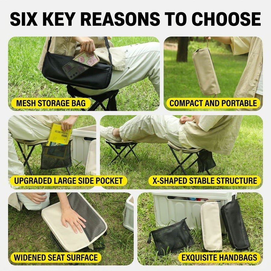 Ultra-Portable Folding Stool with Crossbody Storage Bag – Heavy-Duty Carbon Steel Frame, Oxford Fabric Seat, Side Mesh Pocket, Ideal for Camping, Commuting, Queueing, and On-the-Go Seating (S, Khaki)