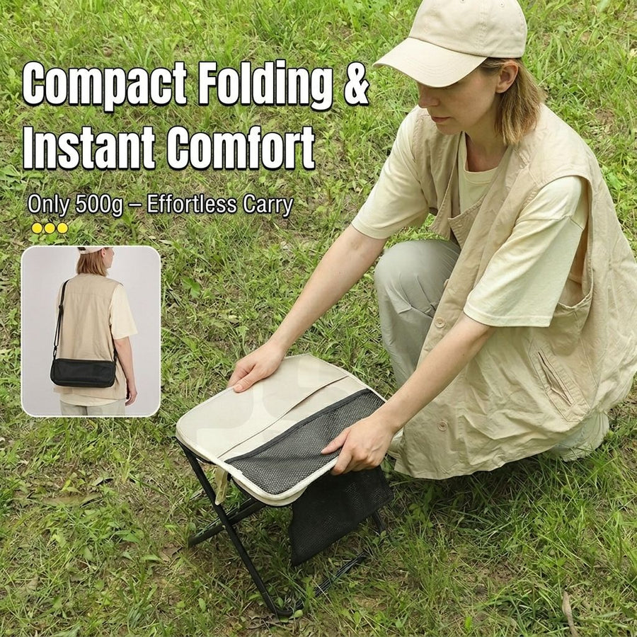 Ultra-Portable Folding Stool with Crossbody Storage Bag – Heavy-Duty Carbon Steel Frame, Oxford Fabric Seat, Side Mesh Pocket, Ideal for Camping, Commuting, Queueing, and On-the-Go Seating (S, Khaki)