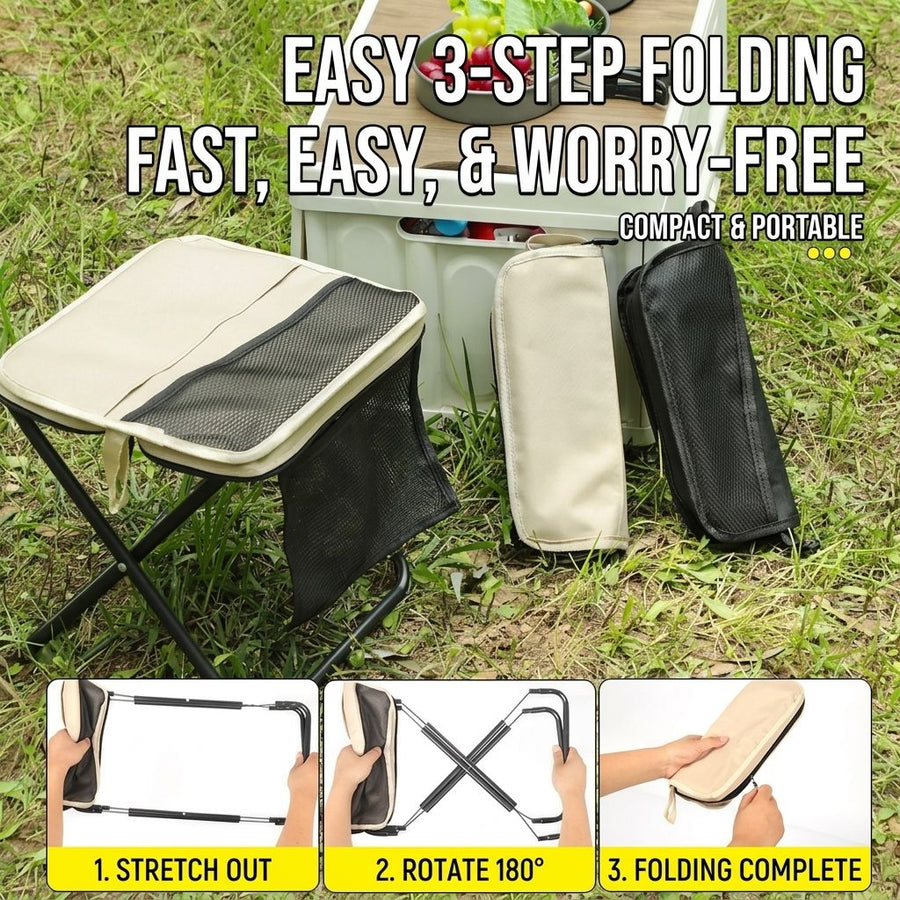 Ultra-Portable Folding Stool with Crossbody Storage Bag – Heavy-Duty Carbon Steel Frame, Oxford Fabric Seat, Side Mesh Pocket, Ideal for Camping, Commuting, Queueing, and On-the-Go Seating (S, Khaki)