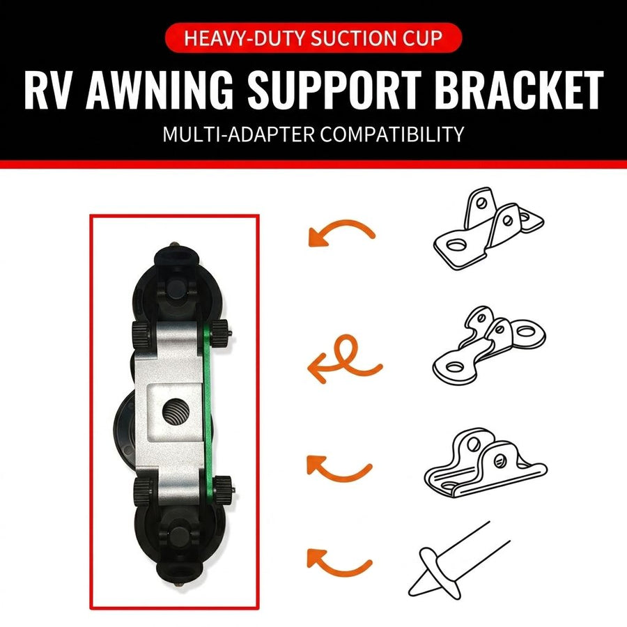 RV Awning Suction Cup Support Bracket – Heavy-Duty Aluminum Vacuum Mount, Tool-Free No-Drill Installation for Camper, Trailer, Van, and Outdoor Camping Awning Poles, 2-Pack Adjustable Stabilizer with Non-Marring Suction Cups (2PCS)
