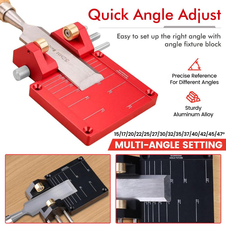 Adjustable Honing Guide Tool Set for Woodworking Chisels and Plane Blades with Rolling Base Angle Setting Plate and Multi-Angle Gauge for Sharpening Precision (Red)