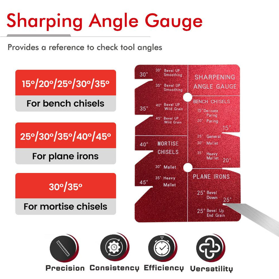 Adjustable Honing Guide Tool Set for Woodworking Chisels and Plane Blades with Rolling Base Angle Setting Plate and Multi-Angle Gauge for Sharpening Precision (Red)
