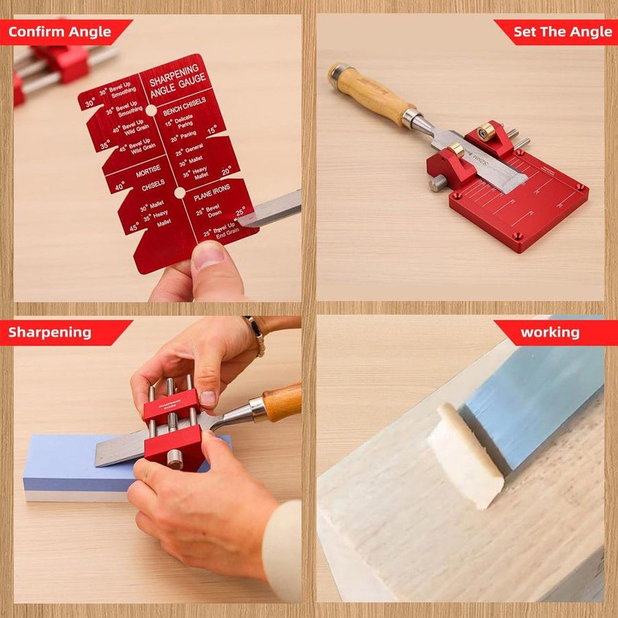 Adjustable Honing Guide Tool Set for Woodworking Chisels and Plane Blades with Rolling Base Angle Setting Plate and Multi-Angle Gauge for Sharpening Precision (Red)