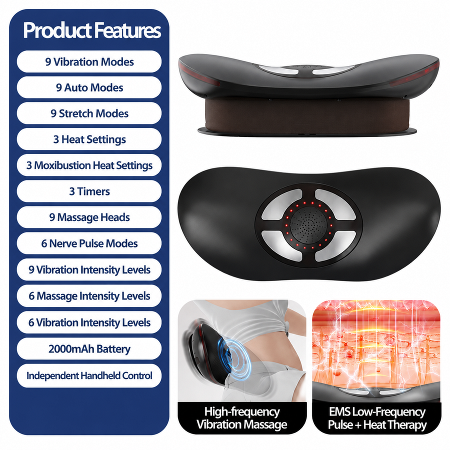 Smart EMS Lumbar Massager with Heat, Airbag Traction and Pulse Modes for Home Relaxation, Muscle Relief and Daily Back Comfort (LCD Hand Control Model)