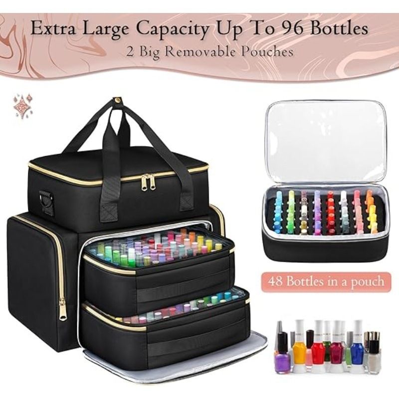 Large Capacity Nail Polish Organizer Bag Double Layer Portable Storage Case with Sponge Dividers for Manicure Tools Cosmetics and Travel Use (Pink)