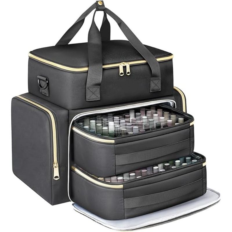 Large Capacity Nail Polish Organizer Bag Double Layer Portable Storage Case with Sponge Dividers for Manicure Tools Cosmetics and Travel Use (Pink)