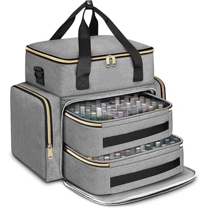 Large Capacity Nail Polish Organizer Bag Double Layer Portable Storage Case with Sponge Dividers for Manicure Tools Cosmetics and Travel Use (Pink)