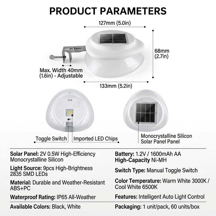 Solar Powered Fence Light with Durable ABS+PC Housing, Monocrystalline Silicon Panel, and Adjustable Mounting Clip for Outdoor Garden, Patio, Deck, and Walkway Illumination in Warm White or Cool White (4PCS, White Housing‑Cool White Light)