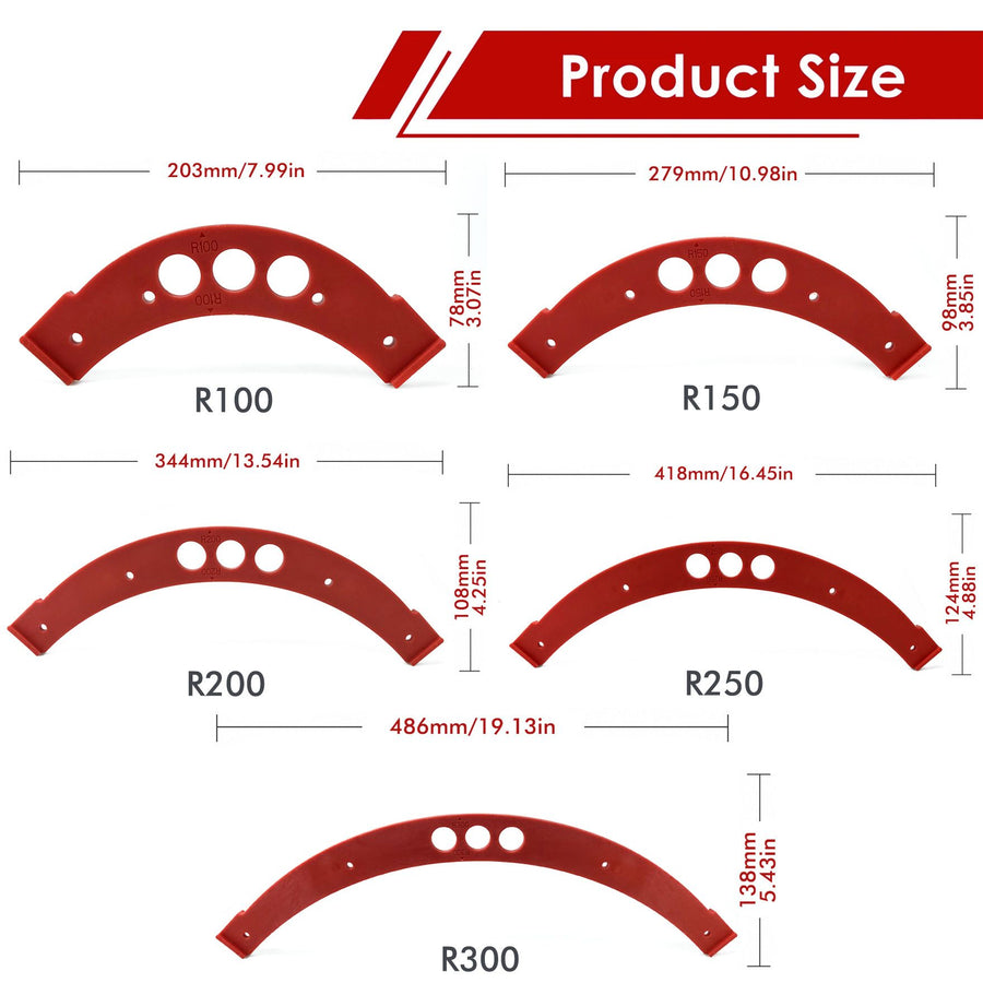 R100-R300 Arc Radius Template Set for Woodworking, Router Jig for Cutting Inner and Outer Rounded Corners on Desktops, Cabinets, Closets and Corner Shelves (F2522-R250)